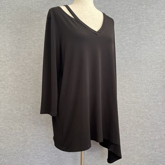 Clara Sun Woo Asymmetrical Black Tunic Top Size M Liquid Knit Lagenlook USA Made - Picture 3 of 13